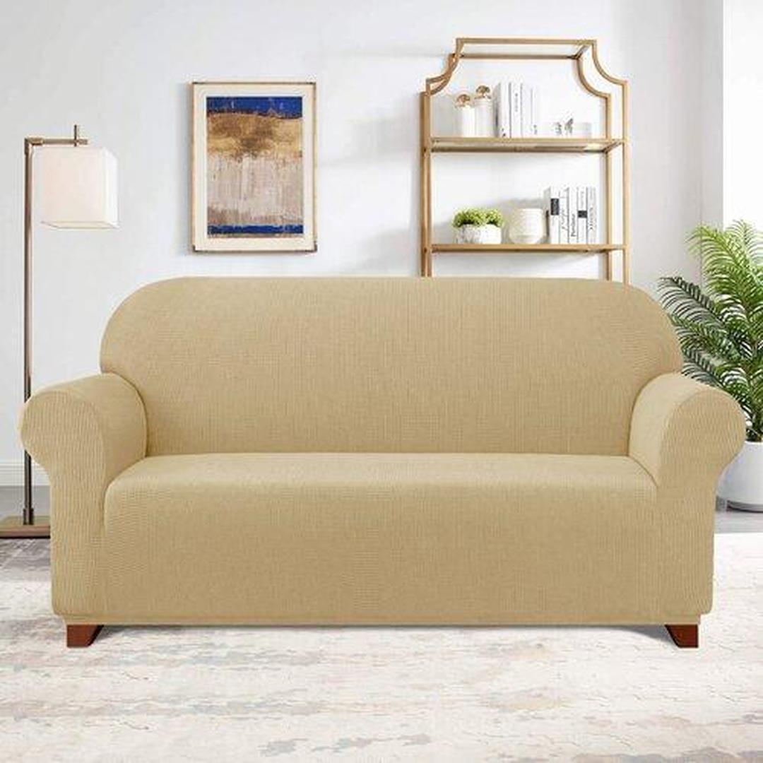 "Milan Jacquard Sofa Slipcover - Stylish Fitted Couch Cover with Soft Stretch Fabric and Non-Slip Design" SAND