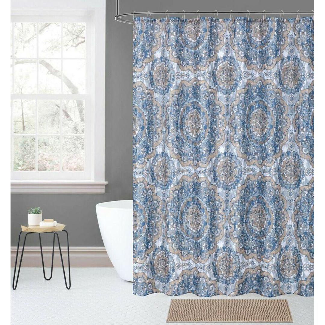 Kashi Home Hazel 14 pc Fabric Shower Curtain, Chenille Bath Rug Mat & Roller Hooks, Bathroom Accessory Set