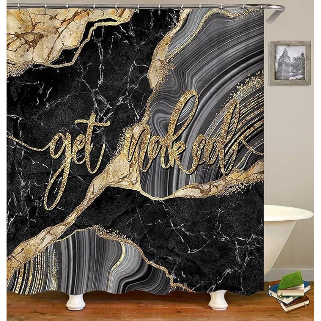 Jayden Madge Grey Black Marble Shower Curtain Set, Waterproof Fabric Shower Curtain