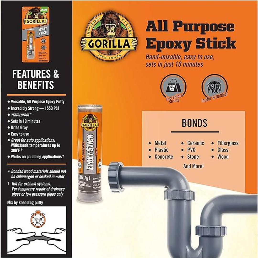 Gorilla All Purpose Epoxy Putty Stick, 2 Ounce, Grey