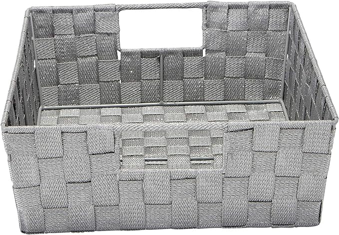 LUREX STRIPED WOVEN STRAP LARGE SHELF TOTE W/ OPEN HANDLES- 13x15x5-HEATHER GREY/ SILVER
