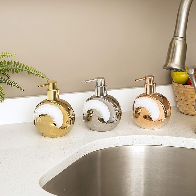Round Ceramic Soap Dispenser XL + Scrubber Combo Asst.-Metallic colors