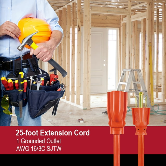 Hyper Tough 25FT Orange Single Outlet Outdoor Extension Cord