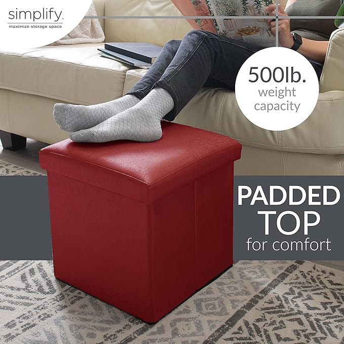 Simplify Faux Leather Cube Storage Ottoman, Red