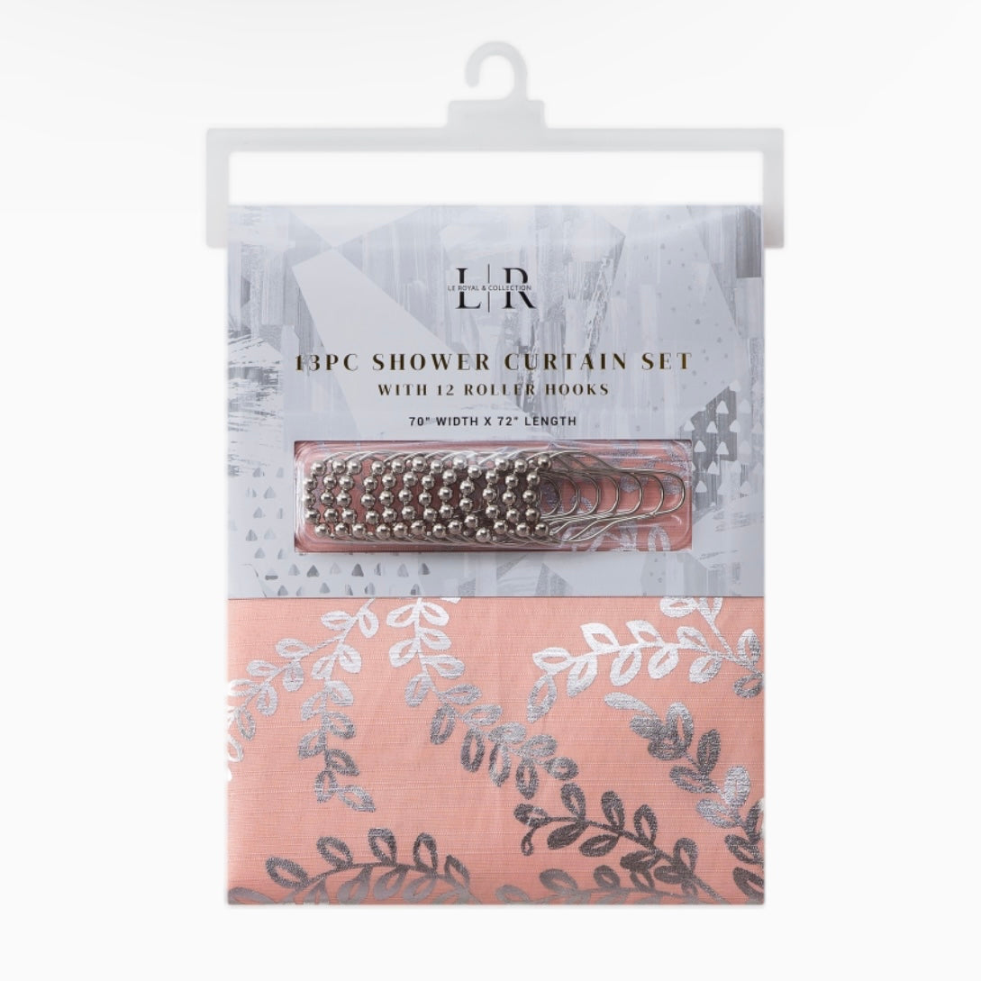 13PC BATH SET SHOWER CURTAIN WITH 12 ROLLER HOOKS 70" Width × 72" Length (178cm × 183cm)