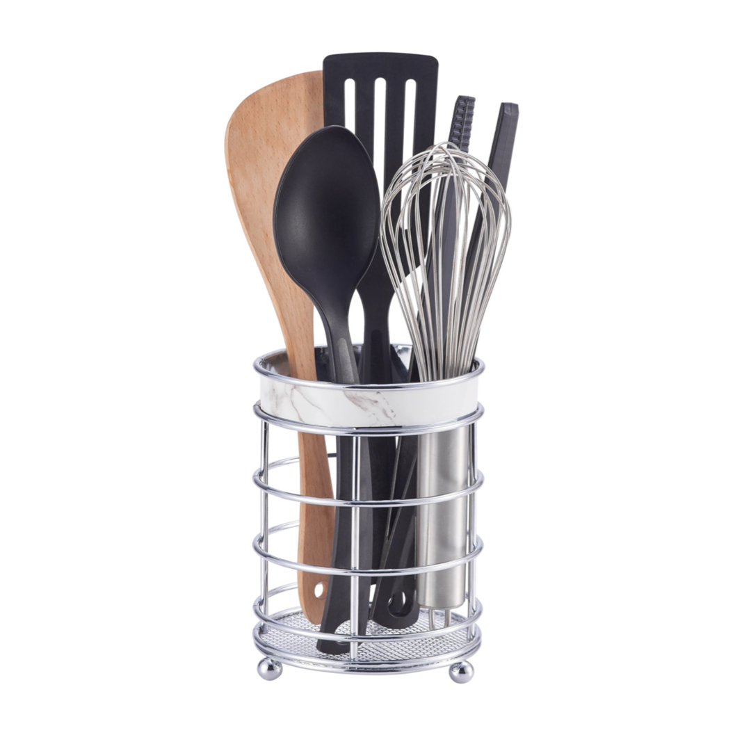 Chrome Round Utensil Holder with Marble Decorative Trim