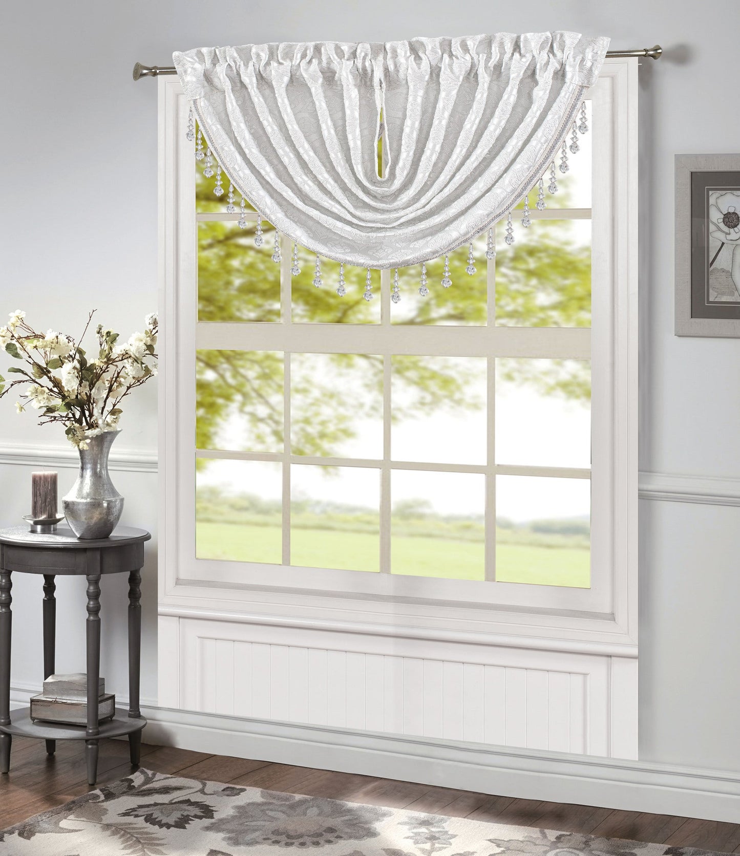 Robin Jacquard Rod Pocket Waterfall Window Valance with Beads, White, 48x37 Inches