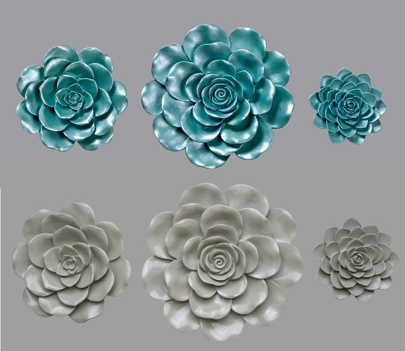 MIXED 3PC SET RESIN FLOWERS IN TURQUOISE & SAGE - SIZE: 8" , 6" & 4"
