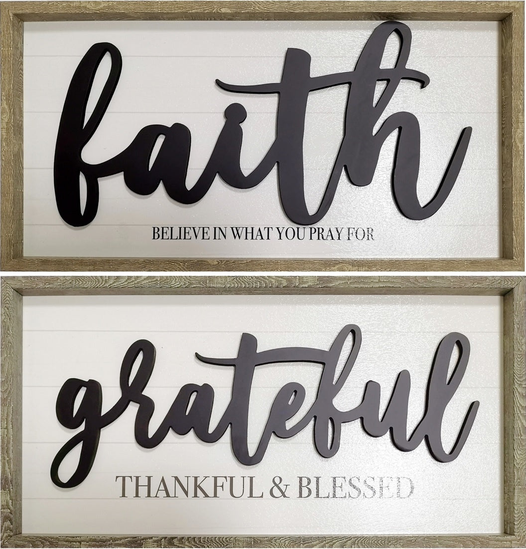CARVED WOOD SHADOW BOX - FAITH GRATEFUL - SIZE: 25" x 13"