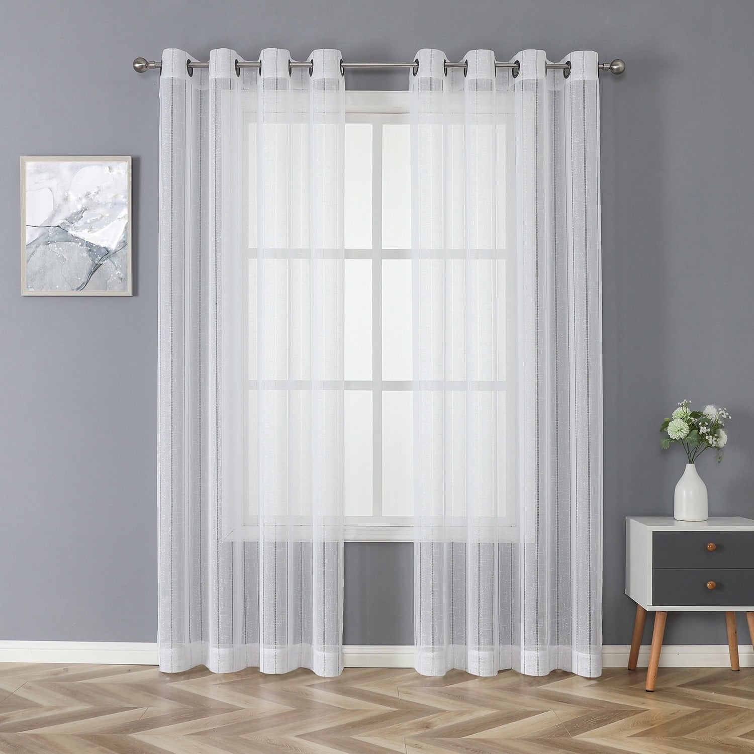 Whittier Stripe Matte Sheer Grommet Window Panel | 52x84 Inches - White