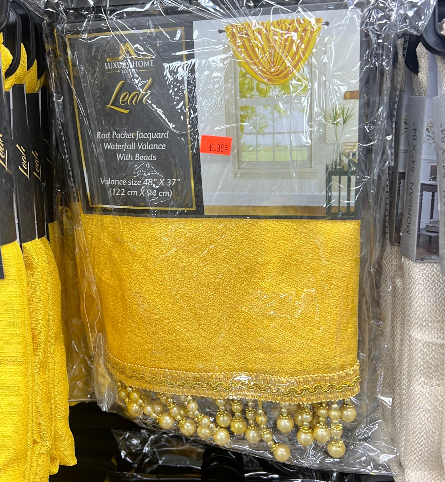 Leah Waterfall Rod Pocket Valance with Beads Yellow 48x37 Inches