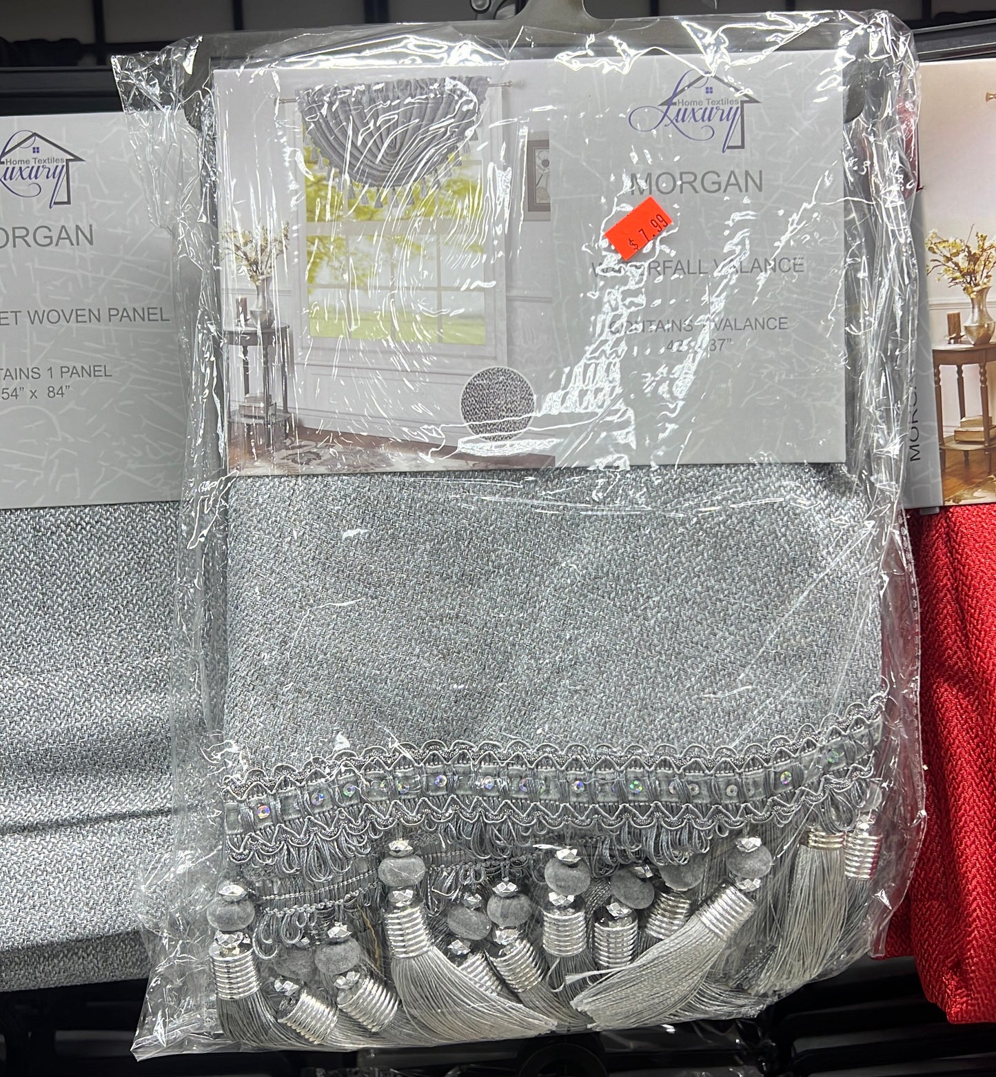 Timeless Elegance: Morgan Grey Rod Pocket Waterfall Valance with Fringe Tassels - 48x37 Inches