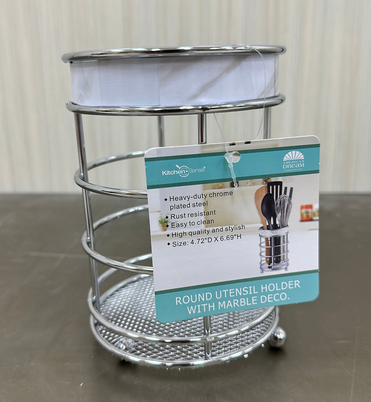 Chrome Round Utensil Holder with Marble Decorative Trim