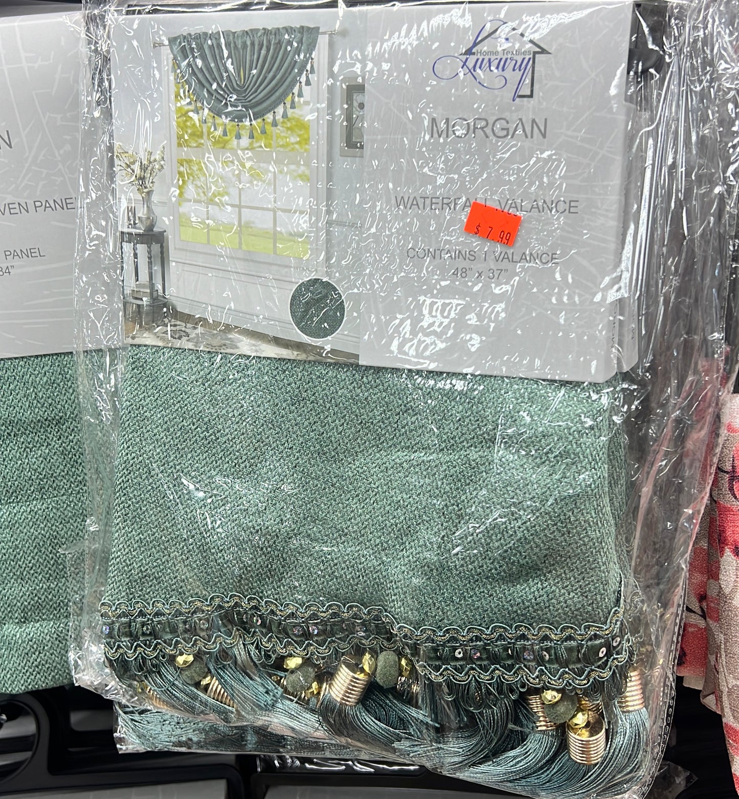 Timeless Elegance: Morgan Green Rod Pocket Waterfall Valance with Fringe Tassels - 48x37 Inches