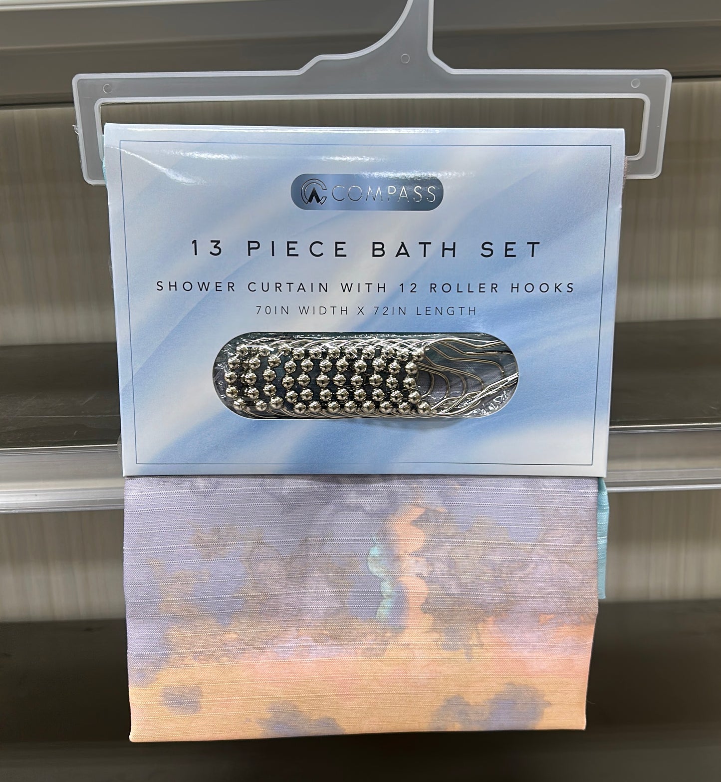 13 PIECE BATH SET SHOWER CURTAIN WITH 12 ROLLER HOOKS 70IN WIDTH X 72IN LENGTH