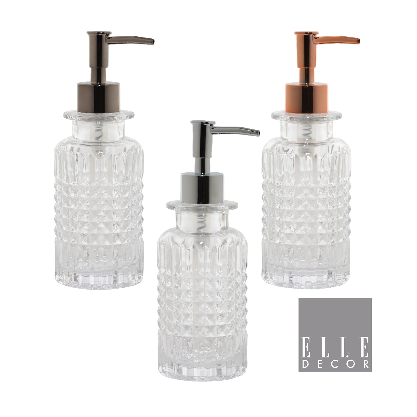 9oz- White Frost Style Glass Lotion Pump W.Asst Pump colors Rose Gold-Chrome-Nickel