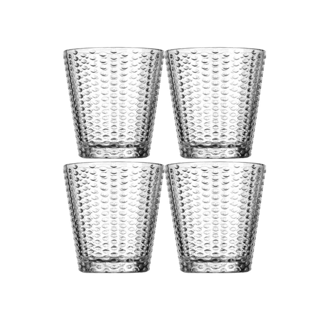 Attractive Durable Drinking Glasses, Set of 4 Clear Glass Cups, 4 Highball Glasses (12oz) 4 Rocks Glasses (12oz), Bubble Design Glassware Set for Water, Juice, Beer, Wine, and Cocktails