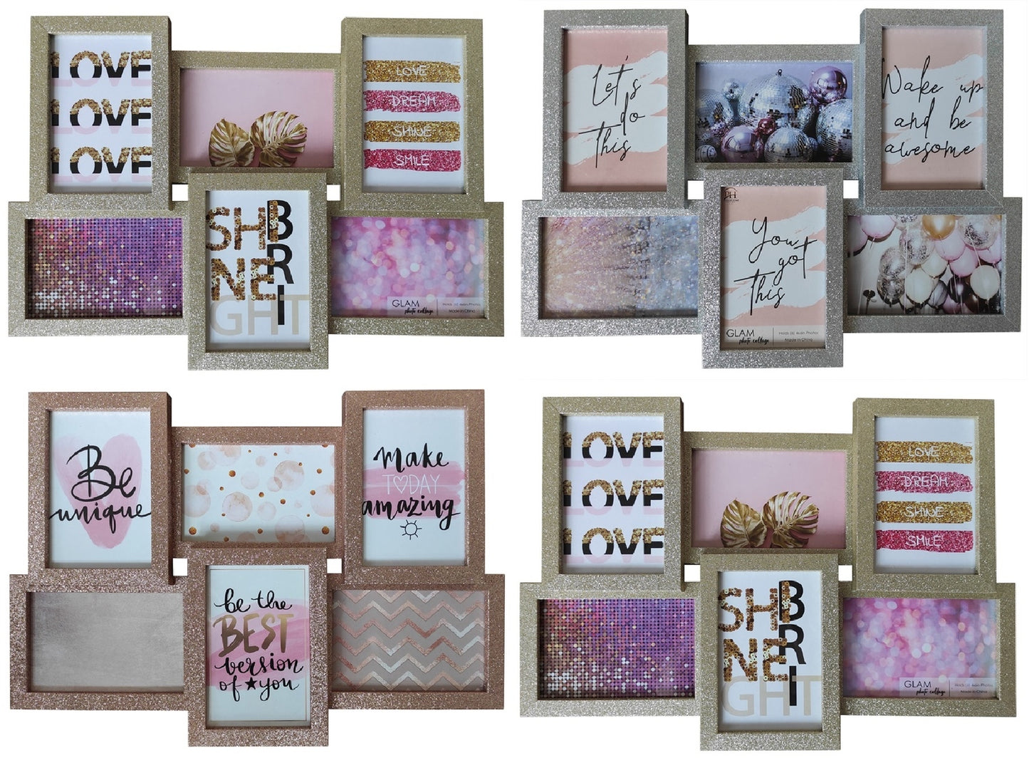 6 OPENING PHOTO FRAME WITH GLITTER - GOLD / ROSE GOLD / SILVER / BLACK - SIZE: 17.5" x 12.5"