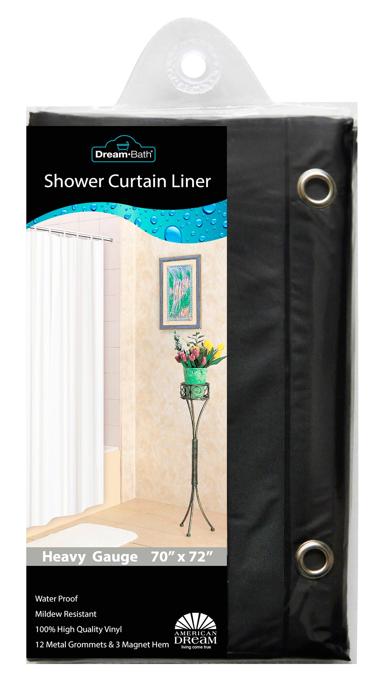 Dream Bath PVC Anti-Bacterial Mildew Resistant Shower Liner, 72x72 Inch, Black