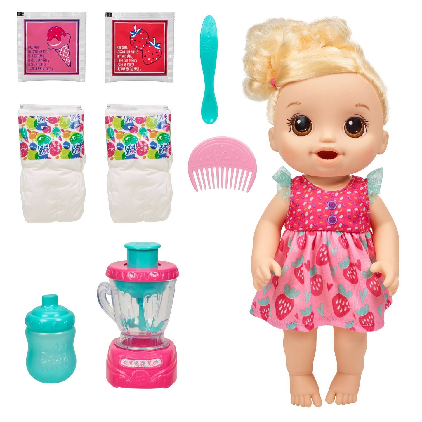 Baby Alive Magical Mixer Baby Doll Strawberry Shake  Blender  Drinks  Wets  Eats  Blonde Hair Toy