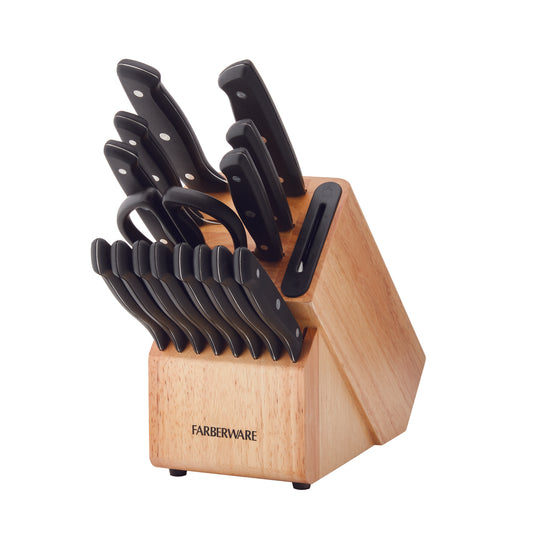Farberware Edgekeeper 16-piece Triple Rivet Block Set with Built in Knife Sharpener, Natural