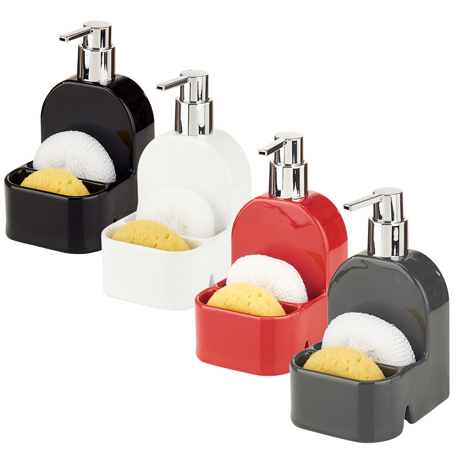 Ceramic Soap Dispenser W.Double Sponge Holder + Scrubber Combo Asst.-Basic colors