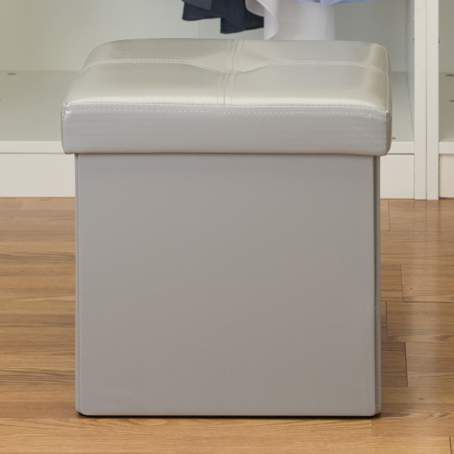 Simplify Faux Linen Folding Storage Ottoman | Single | Collapsible | Tufted Padded Seating | Foot Rest - Grey