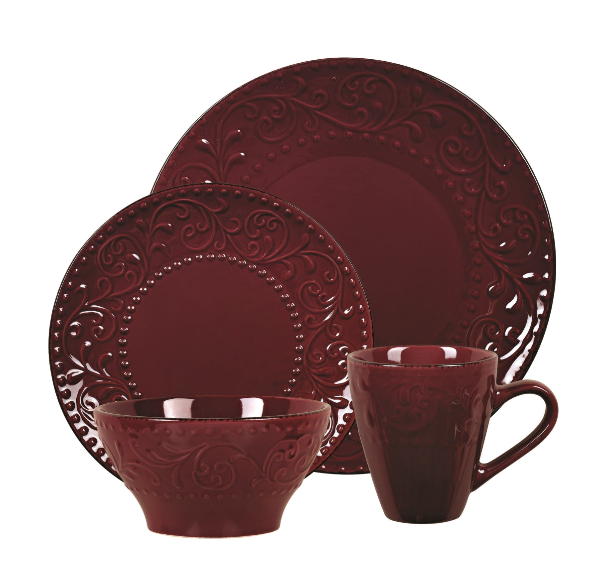 Lorren Home Trends 16 Piece Stoneware Scroll Dinnerware Set, Service for 4 - Merlot