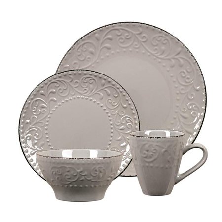 Lorren Home Trends 16 Piece Stoneware Scroll Dinnerware Set, Service for 4 - Gray