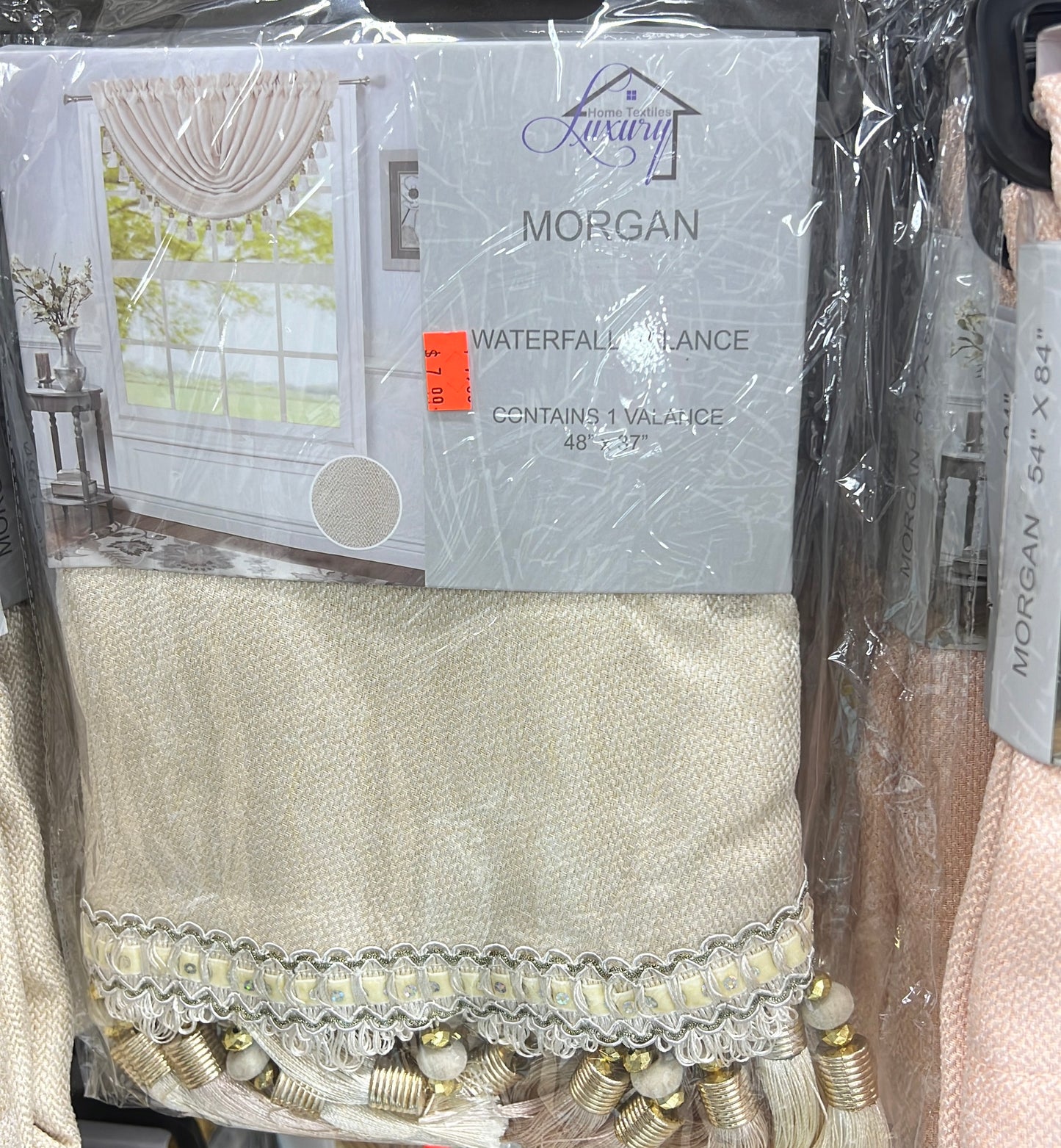 Timeless Elegance: Morgan Beige Rod Pocket Waterfall Valance with Fringe Tassels - 48x37 Inches