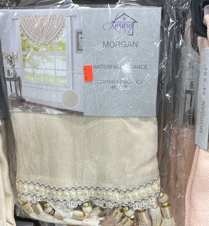 Timeless Elegance: Morgan Beige Rod Pocket Waterfall Valance with Fringe Tassels - 48x37 Inches