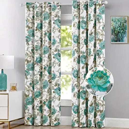 Larisa Blackout Printed Grommet Panels - Set of 2 | 54" x 84” | Floral Teal Elegance for Stylish Windows