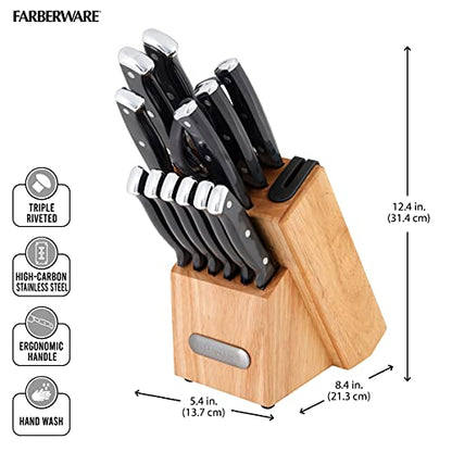 Farberware Edgekeeper Triple Riveted Knife Block Set W/ Built in Sharpener, 14-Piece Stainless Steel in Black/Gray, Size 12.4 H X 9.65 W X 5.91 D in
