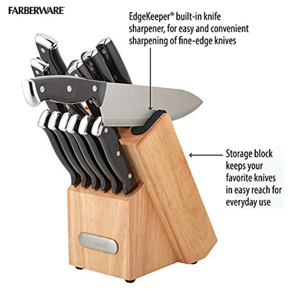 Farberware Edgekeeper Triple Riveted Knife Block Set W/ Built in Sharpener, 14-Piece Stainless Steel in Black/Gray, Size 12.4 H X 9.65 W X 5.91 D in