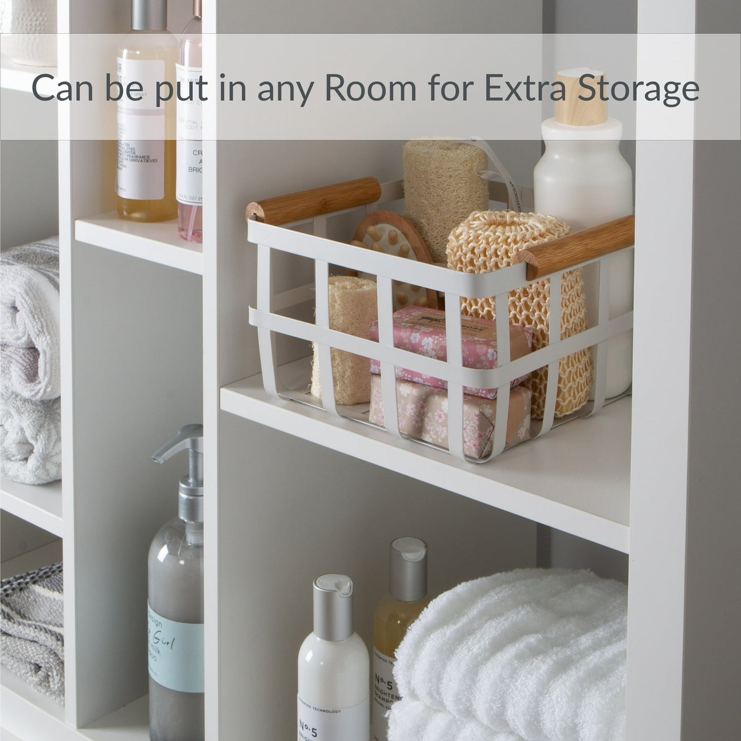 Simplify Square Metal Storage Basket with Bamboo Handles in White