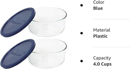 Pyrex Round Glass Food Storage Dish | Clear | Blue Plastic Lid - 4 Cups