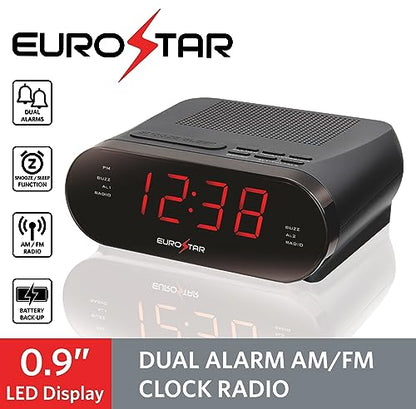 EUROSTAR CR909 Dual Alarm AM/FM Clock Radio, Black