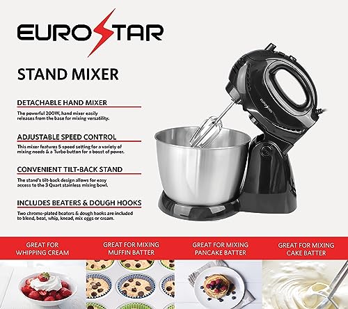 EUROSTAR ESM900BC, 200W 3QT 5-Speed Stand/Hand Mixer, Black