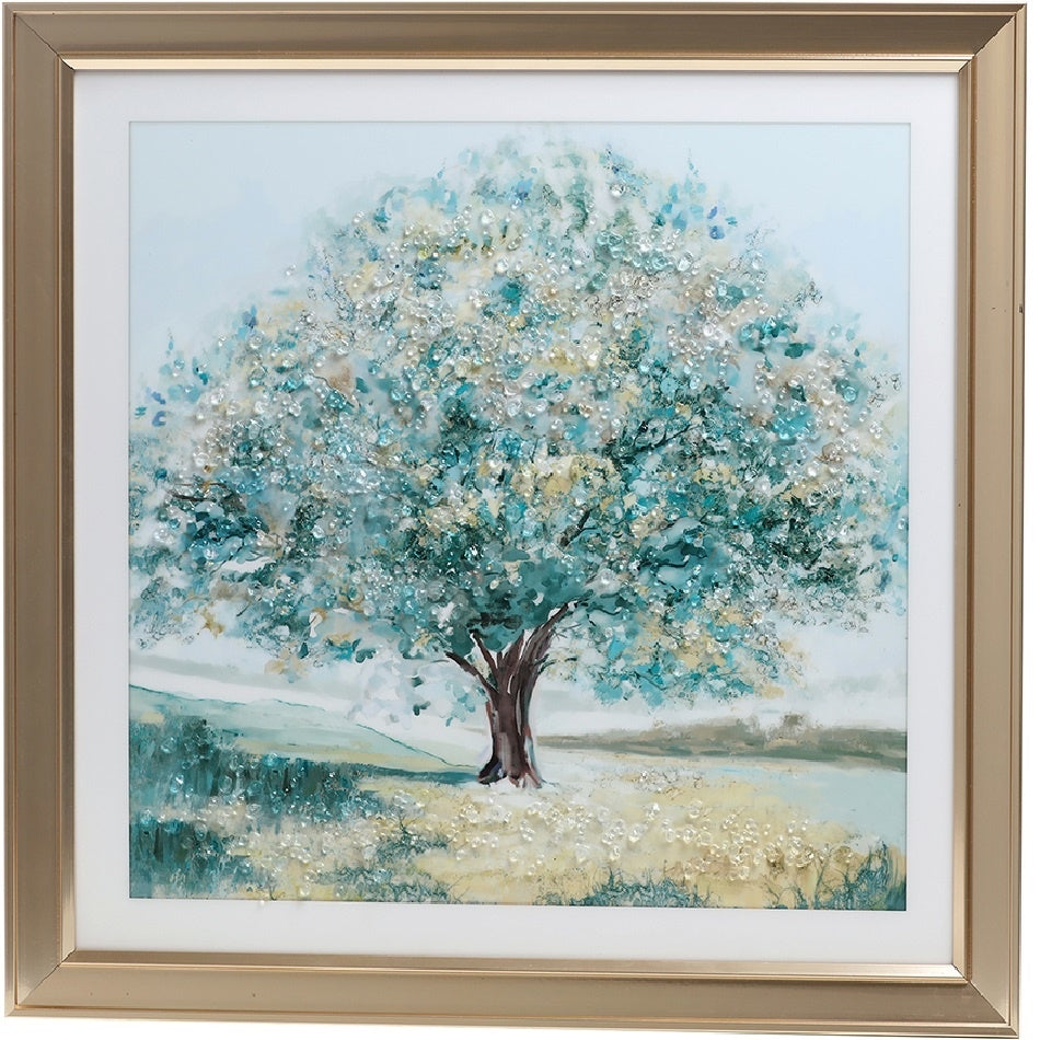 FRAMED LACQUERED ART W/ ROCKS - AUTUMN TREE - SIZE: 23" x 23"