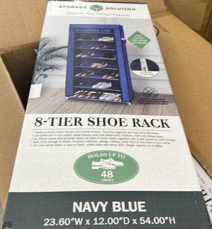 Navy Blue  8Tier Shoe Rack with 1Side Pocket, Holds 54 Shoes
