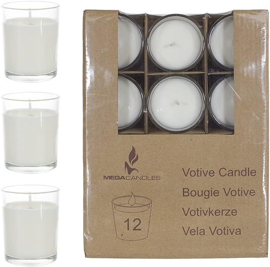 12 pcs Unscented Poured Votive Glass Container Palm Wax Cand - White