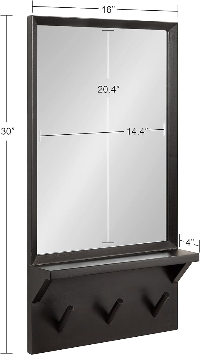 PLASTIC MIRROR W/SHELF & 3 HOOKS - SIZE: 12" x 2" x 20"