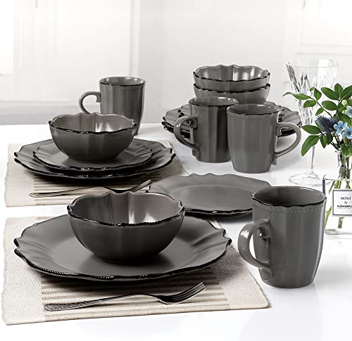 Lorren Home Trends Scalloped Edge 16 Piece Service for 4 Dinnerware Set - Gray