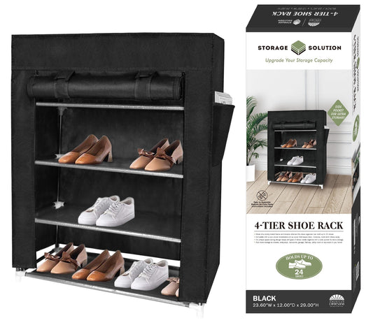 Black  4 Tier Shoe Rack with 1Side Pocket, Holds 24 Shoes