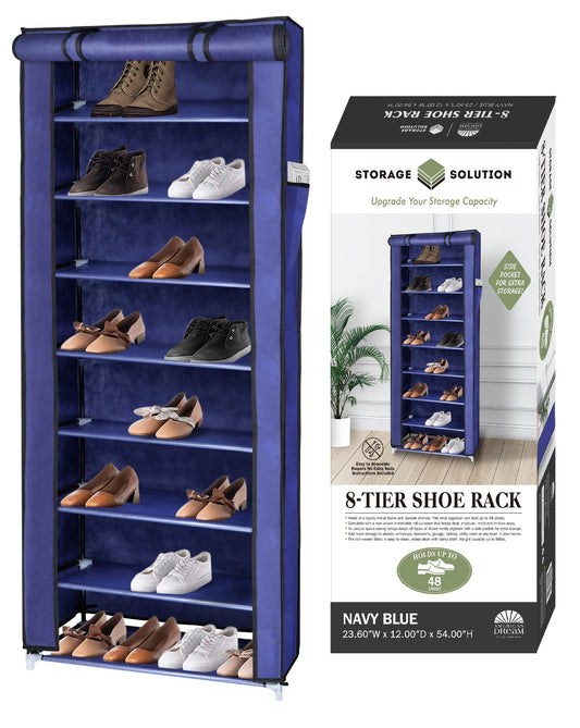 Navy Blue  8Tier Shoe Rack with 1Side Pocket, Holds 54 Shoes