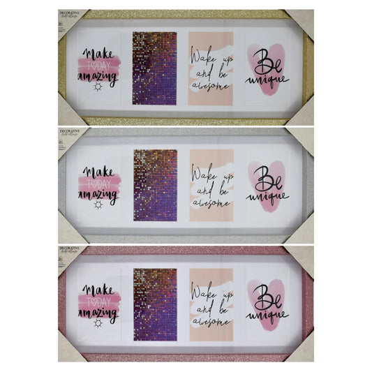 4 OPENING GLASSED PHOTO FRAME WITH GLITTER IN GOLD, SILVER, & PINK - SIZE: 8.7" x 1" x 20.5" (4 - 4" x 6")