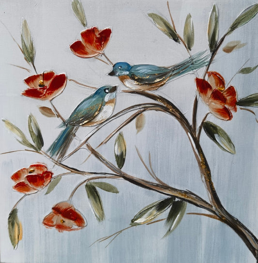 OIL CANVAS - BLUE JAYS & BLOOMS - SIZE: 16" x 16"