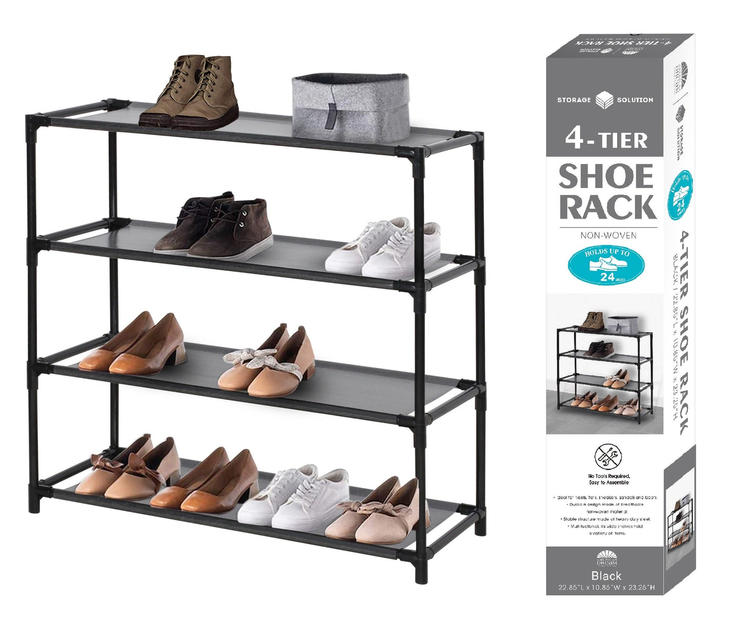 Black  4Tier NonWoven Shoe Rack, Holds 24 Shoes