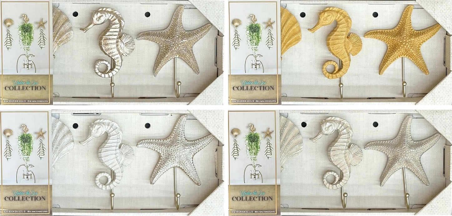 3PC SET 6" RESIN SEA CREATURES WITH HOOKS IN ASST COLORS - SIZE: 18" x 2" x 7" Overall