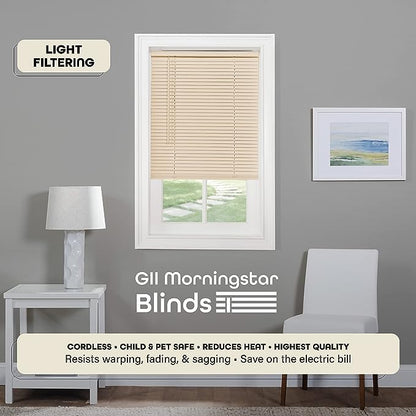 Cordless Light Filtering Mini Blind - 54 Inch Width, 64 Inch Length, 1" Slat Size - Alabaster - Cordless GII Morningstar Horizontal Windows Blinds for Interior by Achim Home Decor